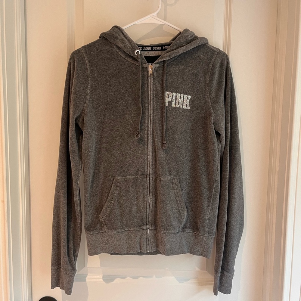 VS PINK Grey Velour Hoodie w Sequins Size S
